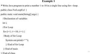 172
Example 1
Write Java program to print a number 1 to 10 in a single line using for---loop.
public class ForLoopEx1 {
public static void main(String[] args) {
//Declaration of variables
int i;
//For Loop
for (i=1; i<=10; i++) {
//Body of for Loop
System.out.print(i+" ");
}//End of for Loop
}//End of main
}//End of class
 