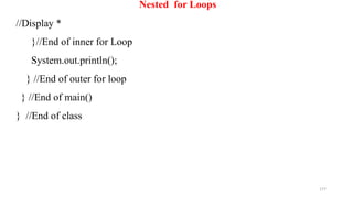 177
Nested for Loops
//Display *
}//End of inner for Loop
System.out.println();
} //End of outer for loop
} //End of main()
} //End of class
 