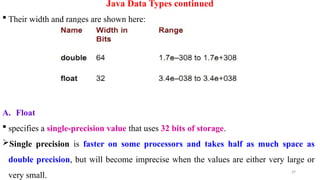 29
Java Data Types continued
 Their width and ranges are shown here:
A. Float
 specifies a single-precision value that uses 32 bits of storage.
Single precision is faster on some processors and takes half as much space as
double precision, but will become imprecise when the values are either very large or
very small.
 