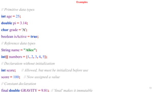 53
Examples
// Primitive data types
int age = 25;
double pi = 3.14;
char grade = 'A';
boolean isActive = true;
// Reference data types
String name = "Alice";
int[] numbers = {1, 2, 3, 4, 5};
// Declaration without initialization
int score; // Allowed, but must be initialized before use
score = 100; // Now assigned a value
// Constant declaration
final double GRAVITY = 9.81; // 'final' makes it immutable
 