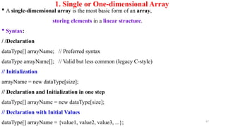 67
1. Single or One-dimensional Array
 A single-dimensional array is the most basic form of an array,
storing elements in a linear structure.
 Syntax:
/ /Declaration
dataType[] arrayName; // Preferred syntax
dataType arrayName[]; // Valid but less common (legacy C-style)
// Initialization
arrayName = new dataType[size];
// Declaration and Initialization in one step
dataType[] arrayName = new dataType[size];
// Declaration with Initial Values
dataType[] arrayName = {value1, value2, value3, ...};
 