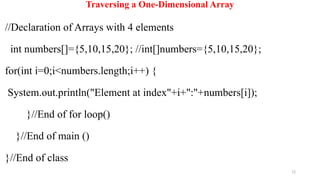 72
Traversing a One-Dimensional Array
//Declaration of Arrays with 4 elements
int numbers[]={5,10,15,20}; //int[]numbers={5,10,15,20};
for(int i=0;i<numbers.length;i++) {
System.out.println("Element at index"+i+":"+numbers[i]);
}//End of for loop()
}//End of main ()
}//End of class
 