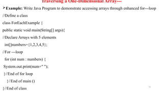 74
Traversing a One-Dimensional Array---
Example: Write Java Program to demonstrate accessing arrays through enhanced for---loop
//Define a class
class ForEachExample {
public static void main(String[] args){
//Declare Arrays with 5 elements
int[]numbers={1,2,3,4,5};
//For ---loop
for (int num : numbers) {
System.out.print(num+" ");
}//End of for loop
}//End of main ()
}//End of class
 