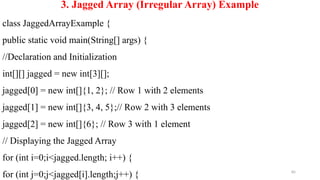 85
3. Jagged Array (Irregular Array) Example
class JaggedArrayExample {
public static void main(String[] args) {
//Declaration and Initialization
int[][] jagged = new int[3][];
jagged[0] = new int[]{1, 2}; // Row 1 with 2 elements
jagged[1] = new int[]{3, 4, 5};// Row 2 with 3 elements
jagged[2] = new int[]{6}; // Row 3 with 1 element
// Displaying the Jagged Array
for (int i=0;i<jagged.length; i++) {
for (int j=0;j<jagged[i].length;j++) {
 
