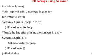 99
2D Arrays using Scanner
for(r=0; r<3; r++){
//this loop will print 3 numbers in each row
for(c=0; c<3; c++){
System.out.print(a[r][c]+" "+" ");
}//End of inner for loop
// break the line after printing the numbers in a row
System.out.println();
}//End of outer for loop
}//End of main ()
}//End of class
 