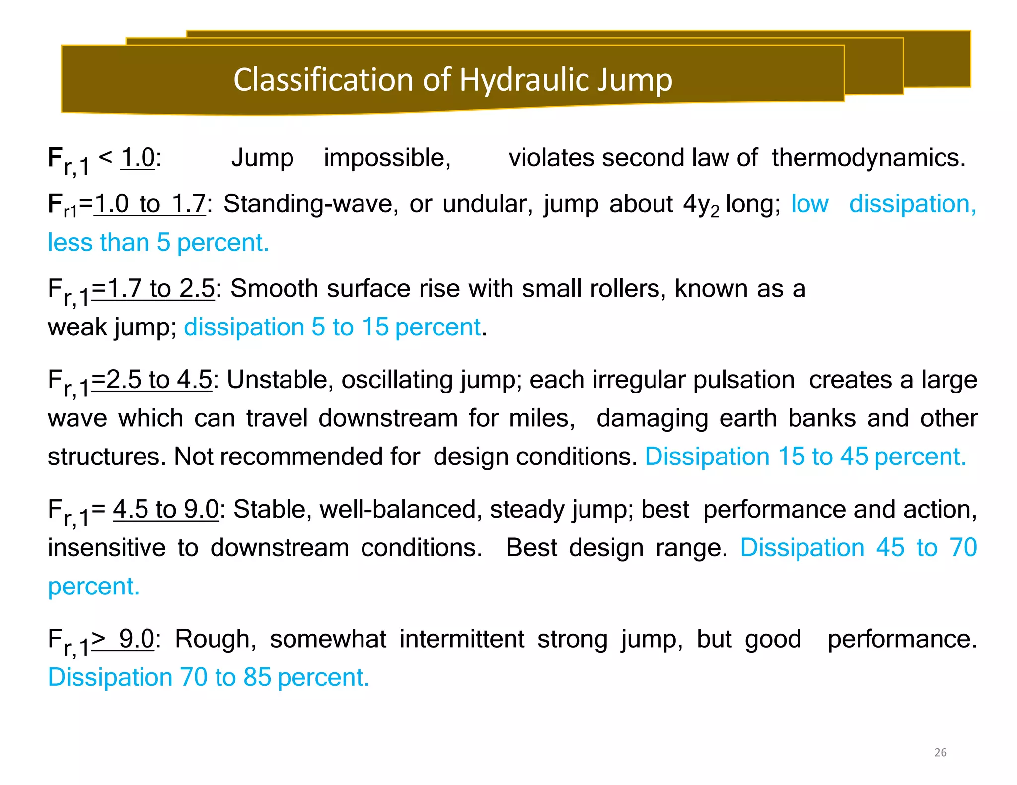 26
Fr,1 < 1.0: Jump impossible, violates second law of thermodynamics.
Fr1=1.0 to 1.7: Standing-wave, or undular, jump about 4y2 long; low dissipation,
less than 5 percent.
Fr,1=1.7 to 2.5: Smooth surface rise with small rollers, known as a
weak jump; dissipation 5 to 15 percent.
Fr,1=2.5 to 4.5: Unstable, oscillating jump; each irregular pulsation creates a large
wave which can travel downstream for miles, damaging earth banks and other
structures. Not recommended for design conditions. Dissipation 15 to 45 percent.
Fr,1= 4.5 to 9.0: Stable, well-balanced, steady jump; best performance and action,
insensitive to downstream conditions. Best design range. Dissipation 45 to 70
percent.
Fr,1> 9.0: Rough, somewhat intermittent strong jump, but good performance.
Dissipation 70 to 85 percent.
Classification of Hydraulic Jump
 