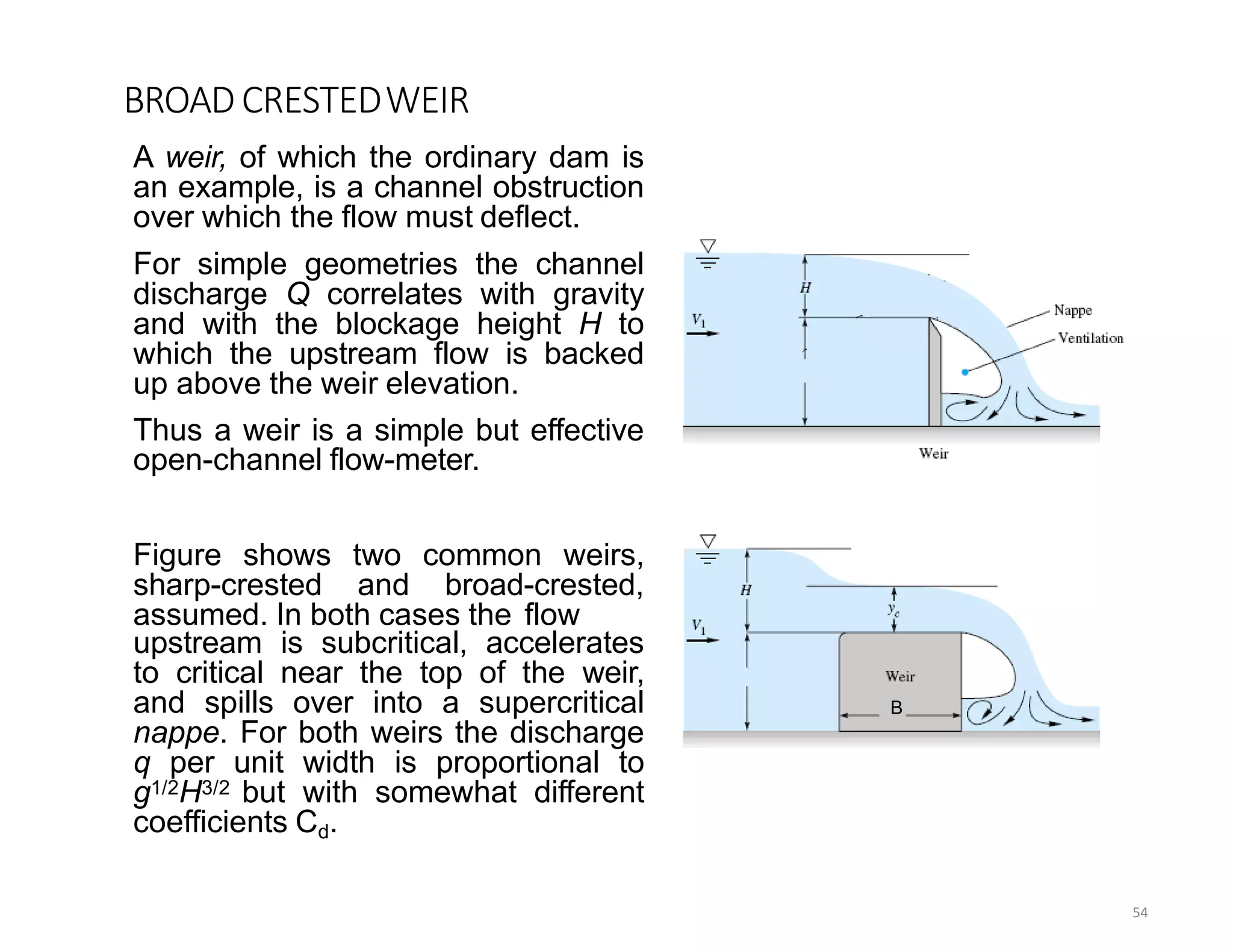 BROAD CRESTEDWEIR
54
A weir, of which the ordinary dam is
an example, is a channel obstruction
over which the flow must deflect.
For simple geometries the channel
discharge Q correlates with gravity
and with the blockage height H to
which the upstream flow is backed
up above the weir elevation.
Thus a weir is a simple but effective
open-channel flow-meter.
Figure shows two common weirs,
sharp-crested and broad-crested,
assumed. In both cases the flow
upstream is subcritical, accelerates
to critical near the top of the weir,
and spills over into a supercritical
nappe. For both weirs the discharge
q per unit width is proportional to
g1/2H3/2 but with somewhat different
coefficients Cd.
B
 