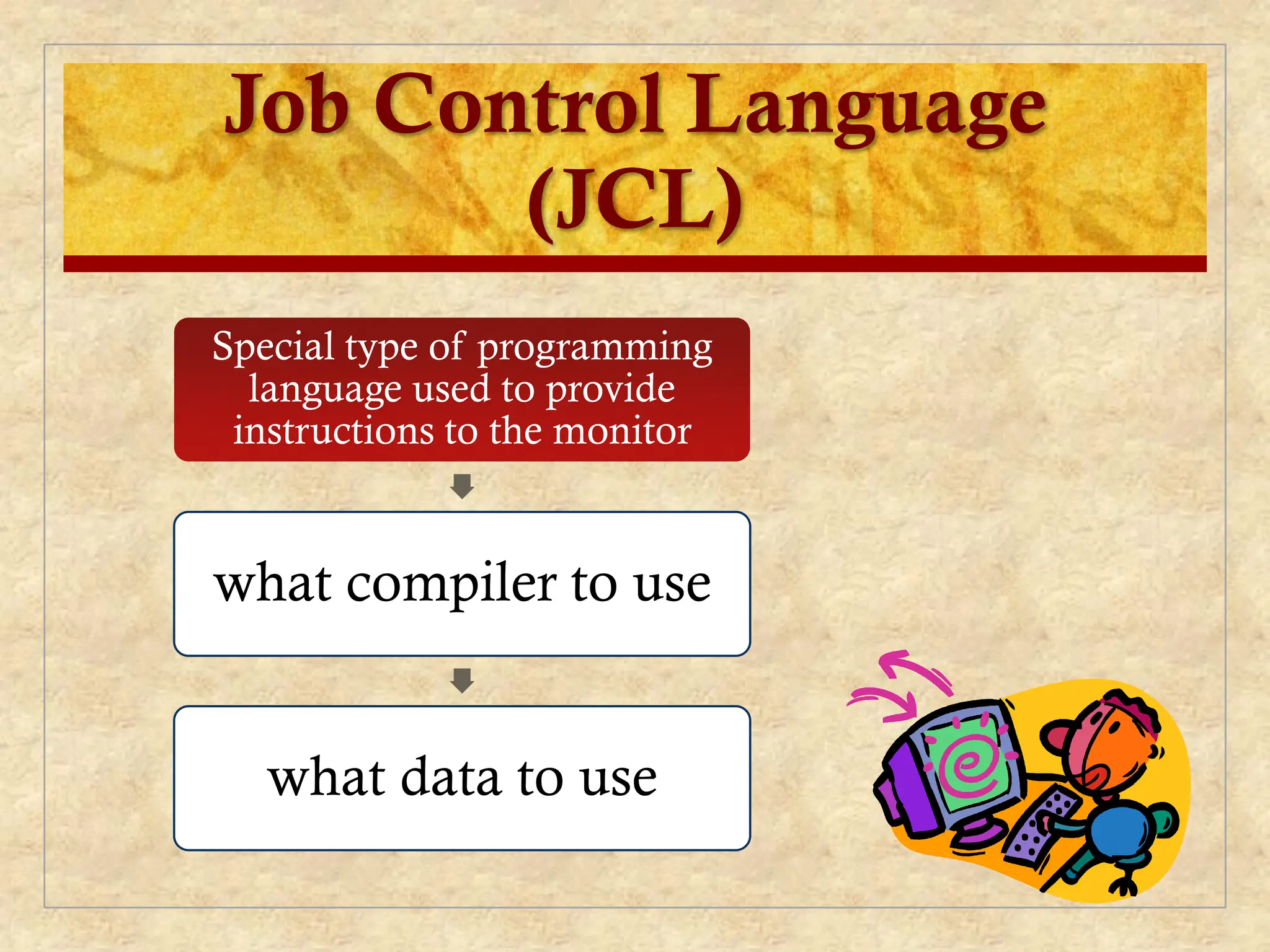 Job Control Language
(JCL)
Special type of programming
language used to provide
instructions to the monitor
what compiler to use
what data to use
 