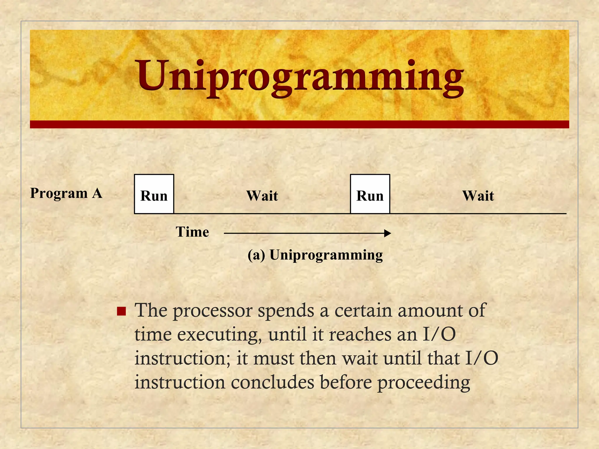 Uniprogramming
 The processor spends a certain amount of
time executing, until it reaches an I/O
instruction; it must then wait until that I/O
instruction concludes before proceeding
Run Wait Wait
Run
Time
(a) Uniprogramming
Program A
 