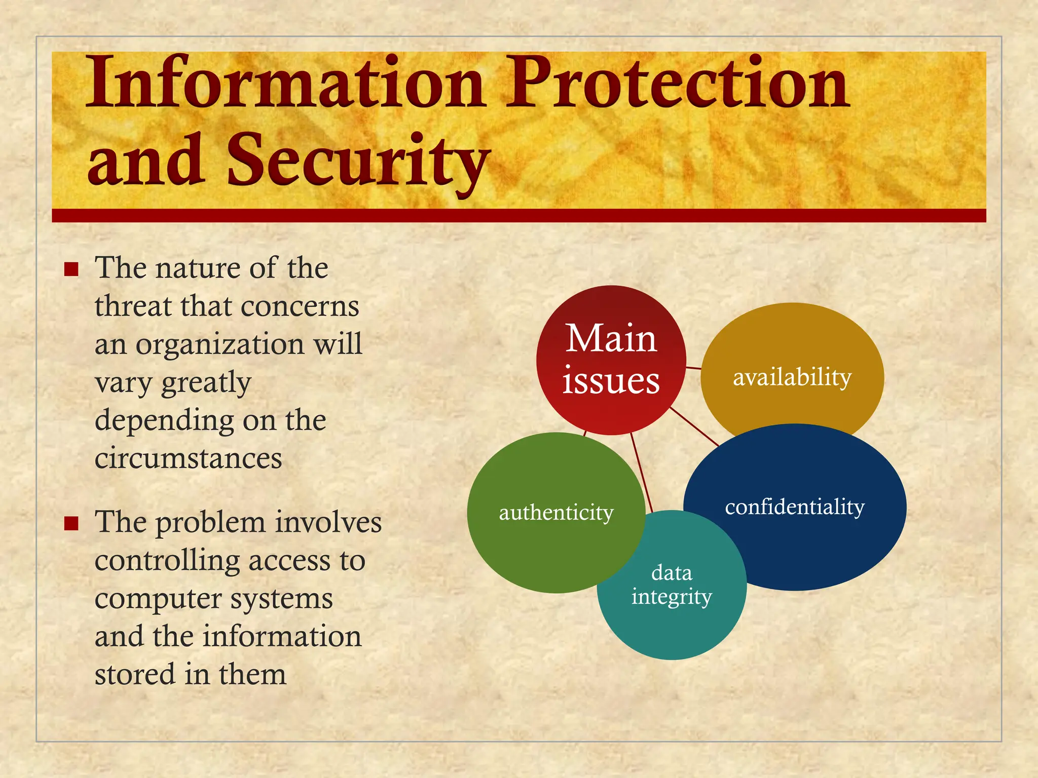 Information Protection
and Security
 The nature of the
threat that concerns
an organization will
vary greatly
depending on the
circumstances
 The problem involves
controlling access to
computer systems
and the information
stored in them
Main
issues availability
confidentiality
data
integrity
authenticity
 