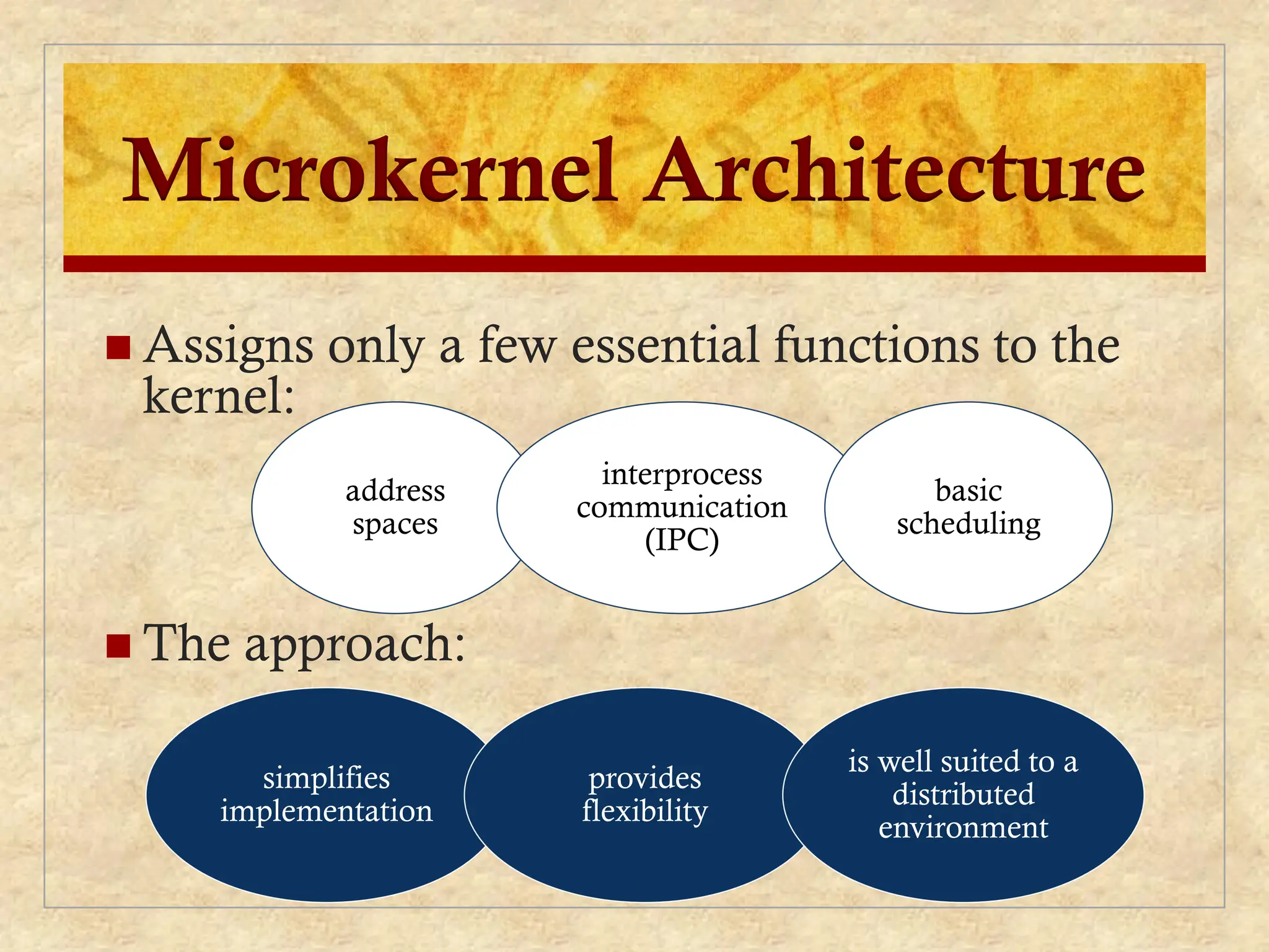Microkernel Architecture
 Assigns only a few essential functions to the
kernel:
 The approach:
address
spaces
interprocess
communication
(IPC)
basic
scheduling
simplifies
implementation
provides
flexibility
is well suited to a
distributed
environment
 