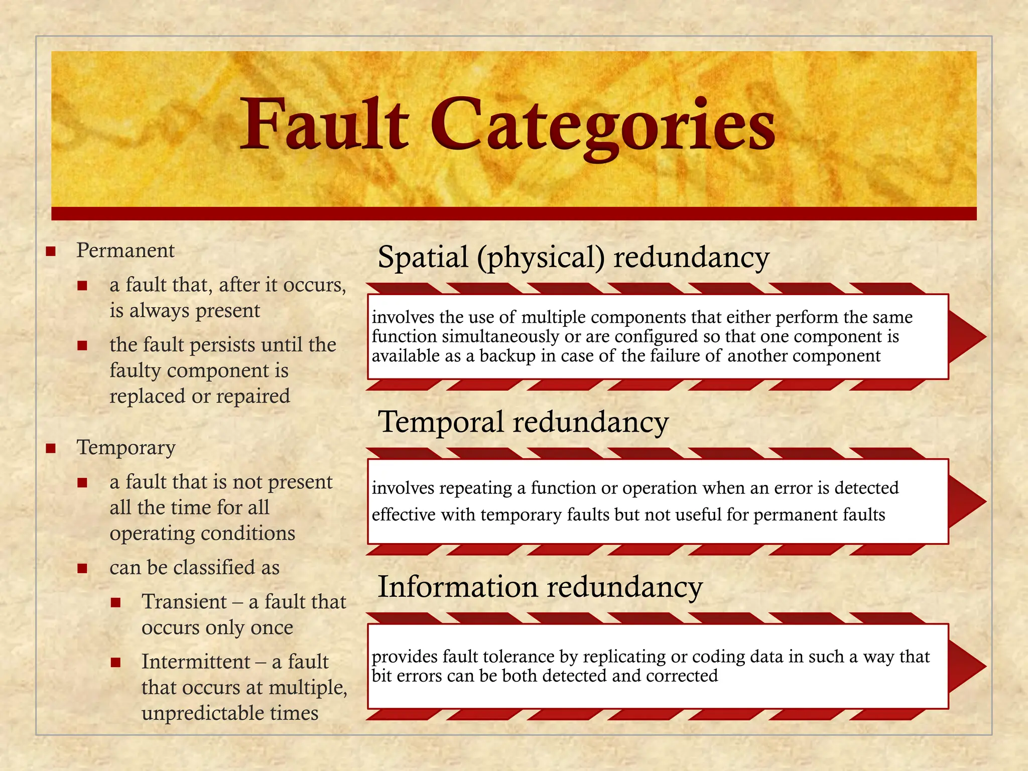 Fault Categories
 Permanent
 a fault that, after it occurs,
is always present
 the fault persists until the
faulty component is
replaced or repaired
 Temporary
 a fault that is not present
all the time for all
operating conditions
 can be classified as
 Transient – a fault that
occurs only once
 Intermittent – a fault
that occurs at multiple,
unpredictable times
Spatial (physical) redundancy
involves the use of multiple components that either perform the same
function simultaneously or are configured so that one component is
available as a backup in case of the failure of another component
Temporal redundancy
involves repeating a function or operation when an error is detected
effective with temporary faults but not useful for permanent faults
Information redundancy
provides fault tolerance by replicating or coding data in such a way that
bit errors can be both detected and corrected
 