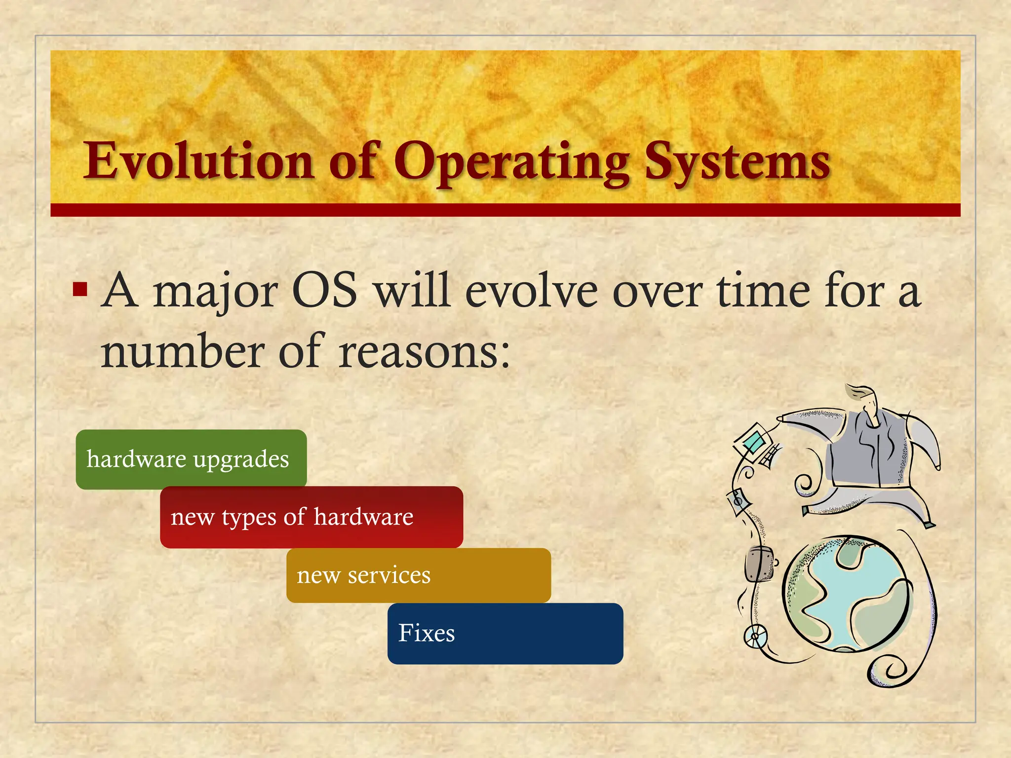 Evolution of Operating Systems
 A major OS will evolve over time for a
number of reasons:
hardware upgrades
new types of hardware
new services
Fixes
 