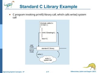 2.17 Silberschatz, Galvin and Gagne ©2013
Operating System Concepts – 9th
Standard C Library Example
● C program invoking printf() library call, which calls write() system
call
 