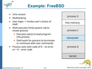 2.19 Silberschatz, Galvin and Gagne ©2013
Operating System Concepts – 9th
Example: FreeBSD
● Unix variant
● Multitasking
● User login -> invoke user’s choice of
shell
● Shell executes fork() system call to
create process
● Executes exec() to load program
into process
● Shell waits for process to terminate
or continues with user commands
● Process exits with code of 0 – no error
or > 0 – error code
 