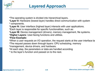 2.26 Silberschatz, Galvin and Gagne ©2013
Operating System Concepts – 9th
Layered Approach
•The operating system is divided into hierarchical layers.
•Layer 0: Hardware (lowest layer) handles direct communication with system
• components.
•Layer N: User interface (highest layer) interacts with user applications.
•Each layer is responsible for specific functionalities, such as:
•Layer M: Device management (drivers), memory management, file systems.
•Higher Layers: User-facing functions and utilities.
•Flow Example:
•When a user requests an I/O operation, the request starts at the user interface lay
•The request passes down through layers: CPU scheduling, memory
•management, device drivers, and hardware.
•At each step, the parameters or data are handled according
• to the layer’s function and passed on to the next.
 