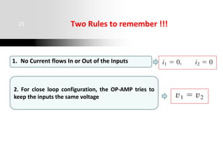 2. For close loop configuration, the OP-AMP tries to
keep the inputs the same voltage
Two Rules to remember !!!
1. No Current flows In or Out of the Inputs
15
 