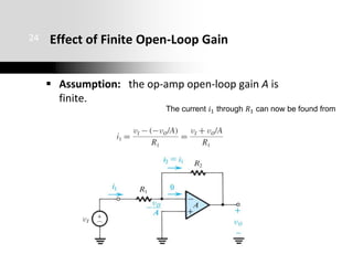 Effect of Finite Open-Loop Gain
 Assumption: the op-amp open-loop gain A is
finite.
24
The current 𝑖1 through 𝑅1 can now be found from
 