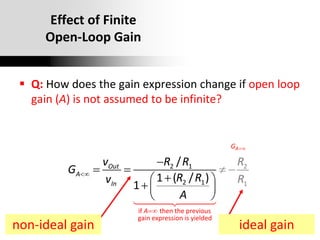 Oxford University Publishing
Microelectronic Circuits by Adel S. Sedra and Kenneth C. Smith (0195323033)
Effect of Finite
Open-Loop Gain
 Q: How does the gain expression change if open loop
gain (A) is not assumed to be infinite?
if then the previous
gain expression is
2 1
2
yielded
2
1
1
/
1 ( / )
1
A
G
A
Out
A
In
v R R
G
R R
v
A
R
R




 

 
 

 

ideal gain
non-ideal gain
 