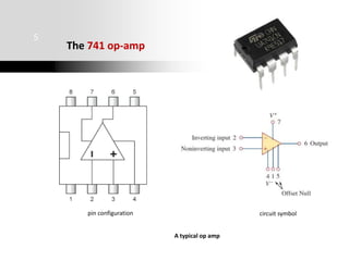 The 741 op-amp
741
5
pin configuration circuit symbol
A typical op amp
 
