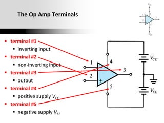 Oxford University Publishing
Microelectronic Circuits by Adel S. Sedra and Kenneth C. Smith (0195323033)
The Op Amp Terminals
 terminal #1
 inverting input
 terminal #2
 non-inverting input
 terminal #3
 output
 terminal #4
 positive supply VCC
 terminal #5
 negative supply VEE
 
