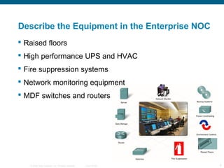 Describe the Equipment in the Enterprise NOC
 Raised floors
 High performance UPS and HVAC
 Fire suppression systems
 Network monitoring equipment
 MDF switches and routers




   © 2006 Cisco Systems, Inc. All rights reserved.   Cisco Public   6
 