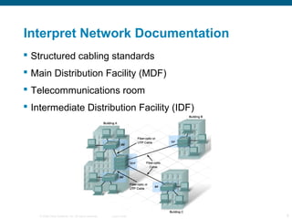 Interpret Network Documentation
 Structured cabling standards
 Main Distribution Facility (MDF)
 Telecommunications room
 Intermediate Distribution Facility (IDF)




    © 2006 Cisco Systems, Inc. All rights reserved.   Cisco Public   8
 
