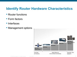 Identify Router Hardware Characteristics
 Router functions
 Form factors
 Interfaces
 Management options




   © 2006...
