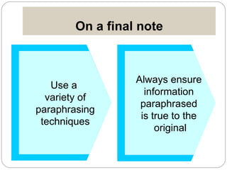 On a final note Always ensure  information  paraphrased  is true to the  original Use a  variety of paraphrasing techniques 