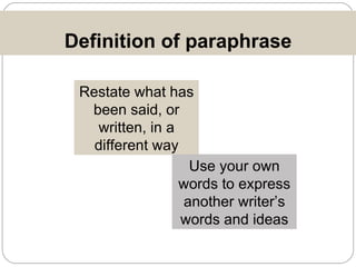 Definition of paraphrase Restate what has been said, or written, in a different way Use your own words to express another writer’s words and ideas 