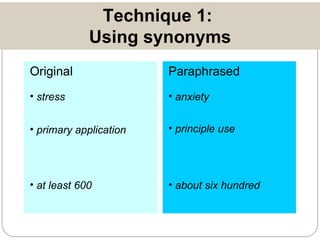 Technique 1:  Using synonyms Original stress Paraphrased anxiety primary application principle use at least 600 about six hundred 