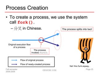 Process Creation
• To create a process, we use the system
  call fork().
     – 分叉 in Chinese.                                 The process splits into two!




  Original execution flow
       of a process
                              The process
                            invokes fork().


                Flow of original process
                Flow of newly-created process
                                                             Not this fork anyway…
Fall semester                          CEG/CSC 3150                          Page 25
2008-2009
 