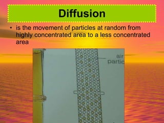 Diffusion is the movement of particles at random from highly concentrated area to a less concentrated area 