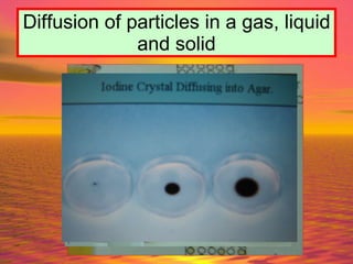 Diffusion of particles in a gas, liquid and solid 