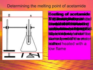 Determining the melting point of acetamide Heating of acetamide 3 spatula of acetamide are placed in a boiling tube A 250 ml beaker is filled with water and then placed on a tripod stand The boiling tube is clamped in the beaker and make sure the acetamide is below the water level of the water bath The water bath is heated until reach a temperature about 65  0 C, a stop watch is started and the water is then heated with a low flame The temperature of acetamide is recorded at 30 s intervals until 90  0 C.  Make sure the acetamide is stirred continuously during the experiment The result are recorded in a table Cooling of acetamide The boiling tube id removed from the hot water bath using test tube holder It id immediately transferred into a conical flask to be cooled slowly and then the stop watch is started  The temperature is recorded at 30 s intervals until 70  0 C Make sure the acetamide is stirred continuously during the experiment The result are recorded in a table 