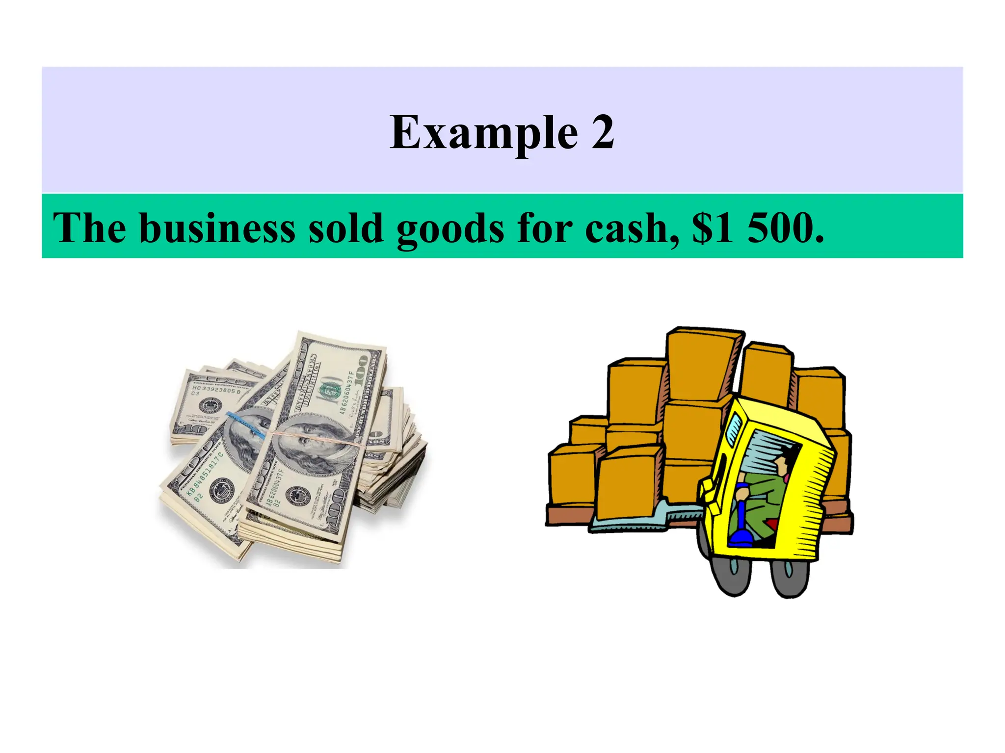 Example 2
The business sold goods for cash, $1 500.
 