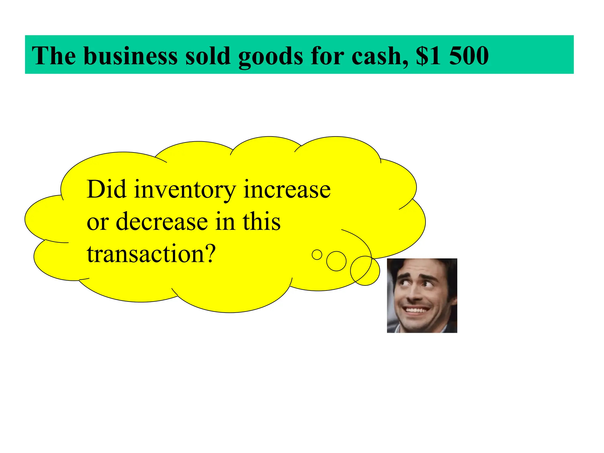 Did inventory increase
or decrease in this
transaction?
The business sold goods for cash, $1 500
 