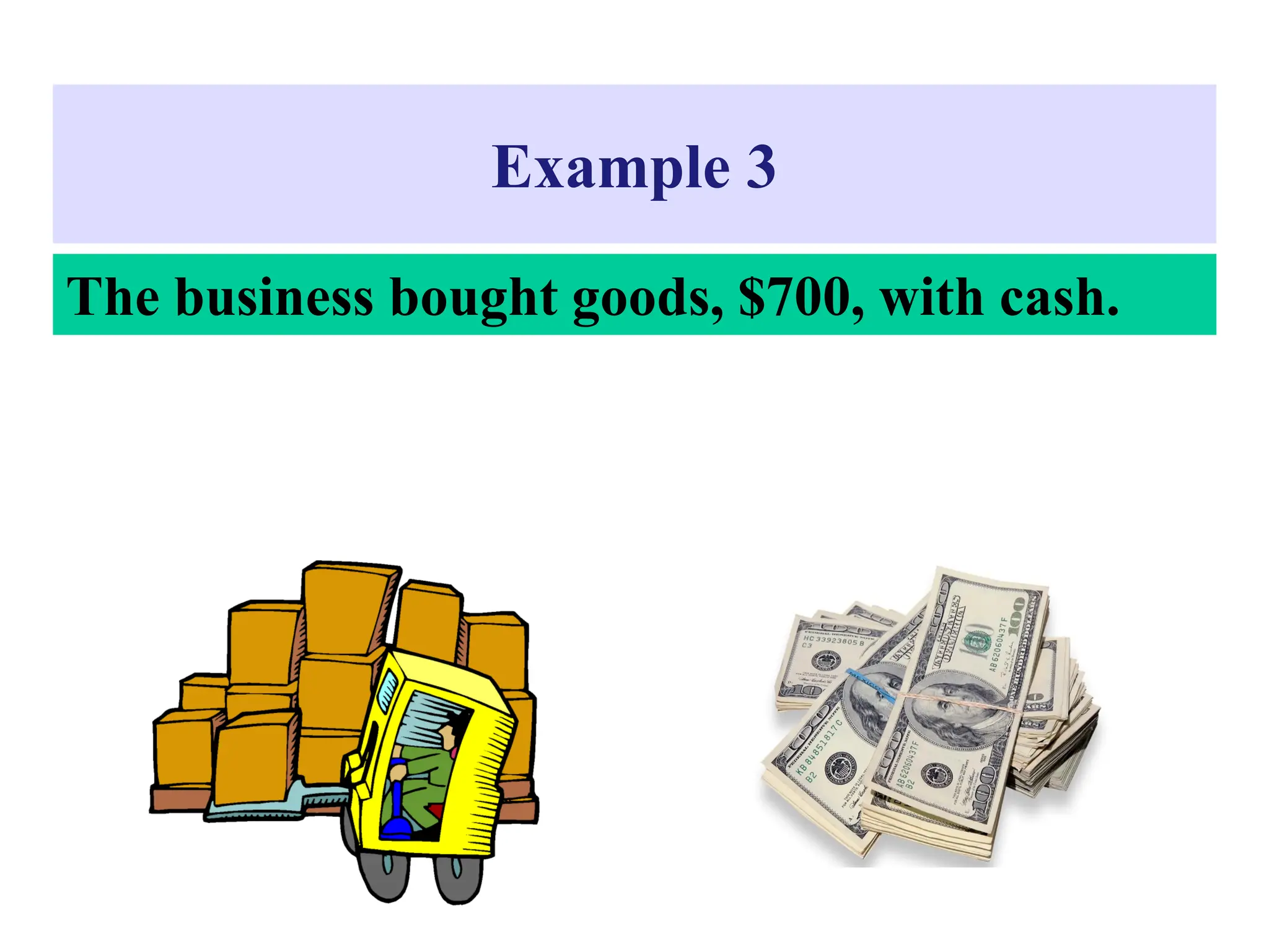 Example 3
The business bought goods, $700, with cash.
 