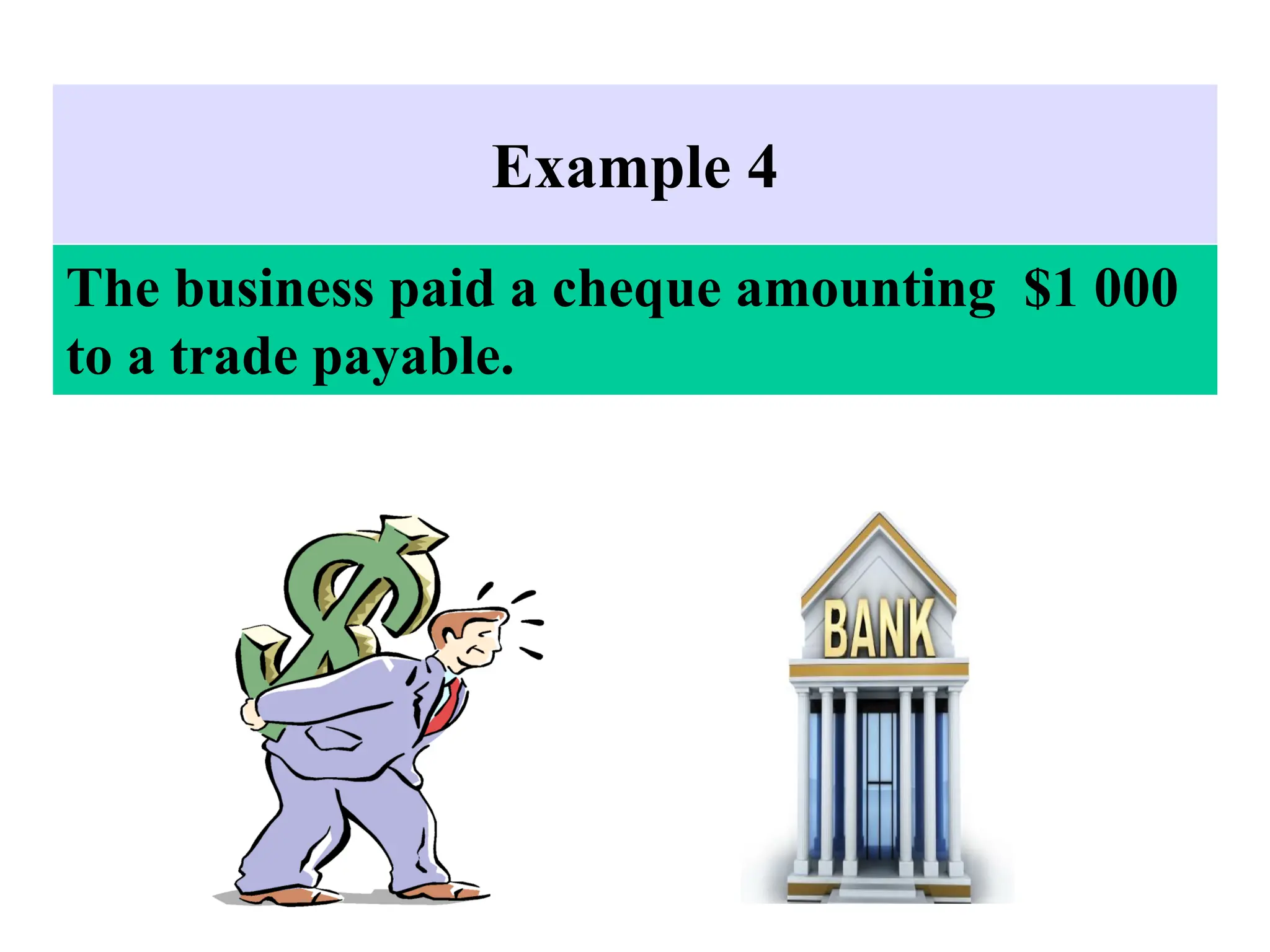 Example 4
The business paid a cheque amounting $1 000
to a trade payable.
 