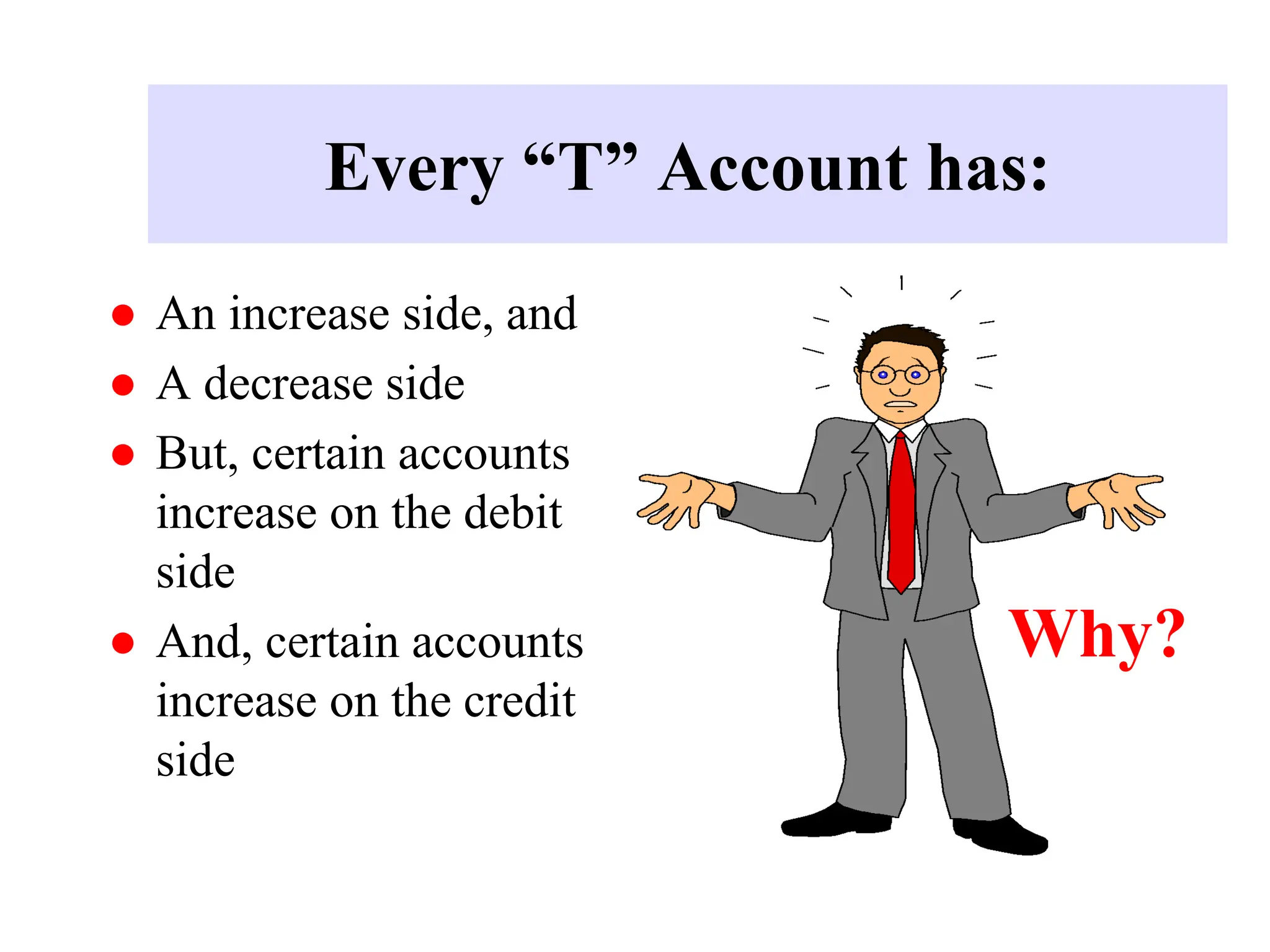 Every “T” Account has:
● An increase side, and
● A decrease side
● But, certain accounts
increase on the debit
side
● And, certain accounts
increase on the credit
side
Why?
 