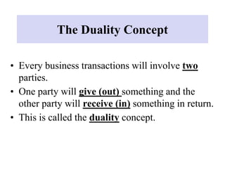 The Duality Concept
• Every business transactions will involve two
parties.
• One party will give (out) something and the
other party will receive (in) something in return.
• This is called the duality concept.
 