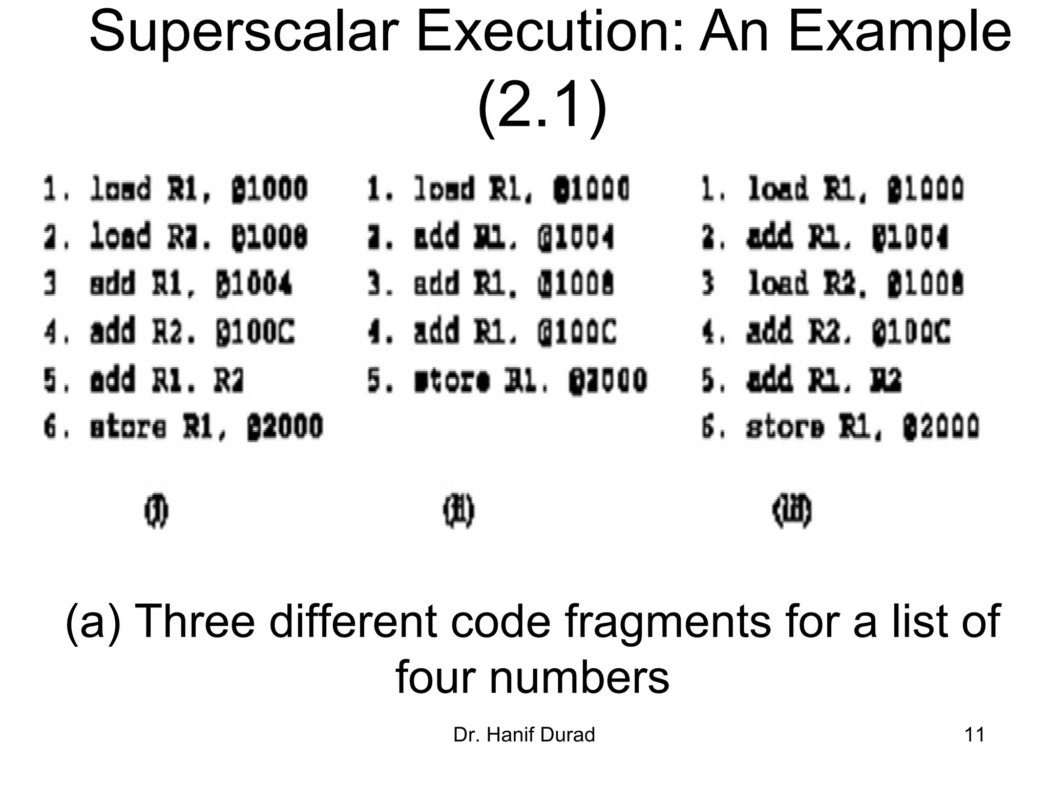 Dr. Hanif Durad 11
Superscalar Execution: An Example
(2.1)
(a) Three different code fragments for a list of
four numbers
 