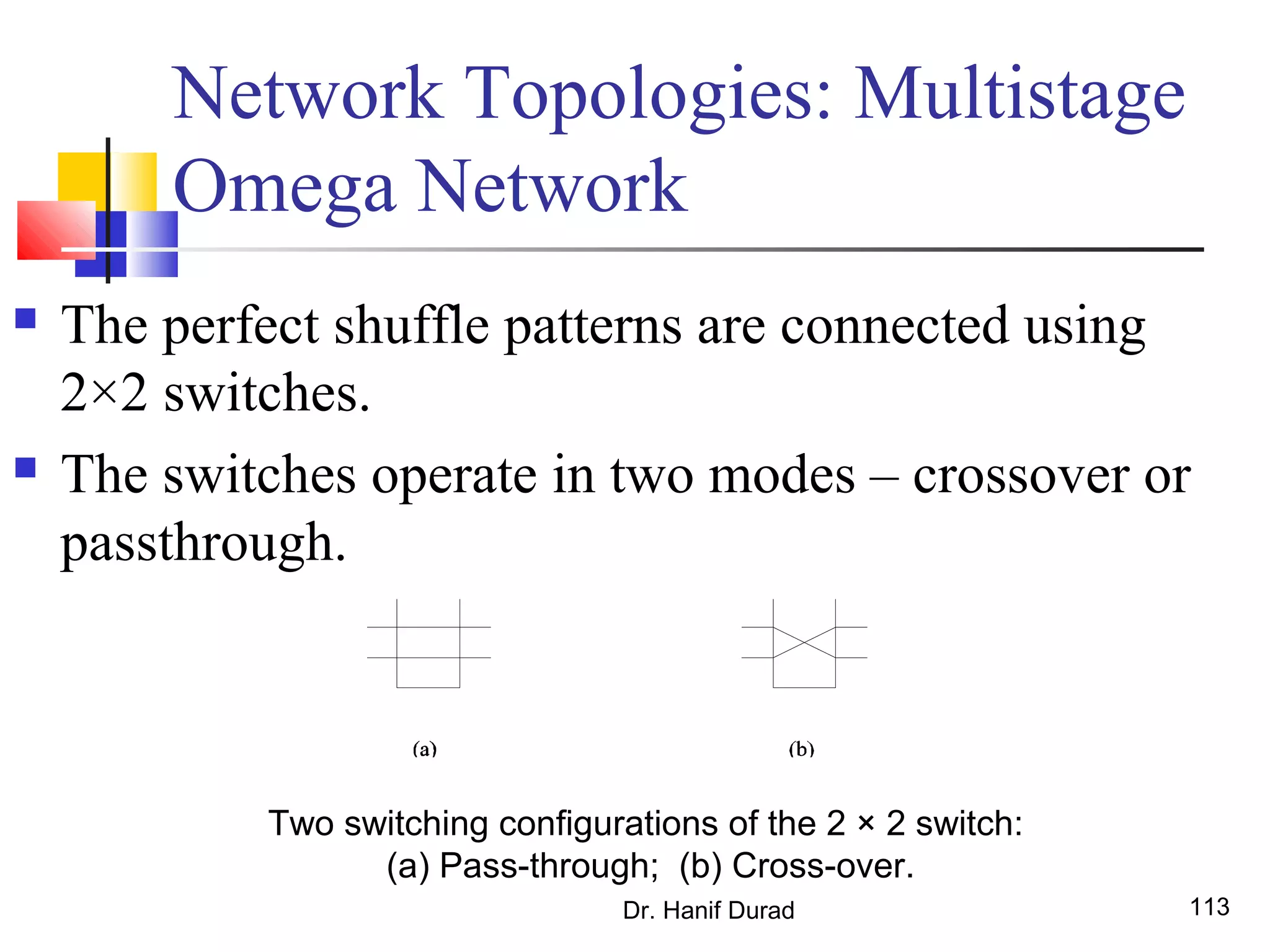Dr. Hanif Durad 113
Network Topologies: Multistage
Omega Network
 The perfect shuffle patterns are connected using
2×2 switches.
 The switches operate in two modes – crossover or
passthrough.
Two switching configurations of the 2 × 2 switch:
(a) Pass-through; (b) Cross-over.
 