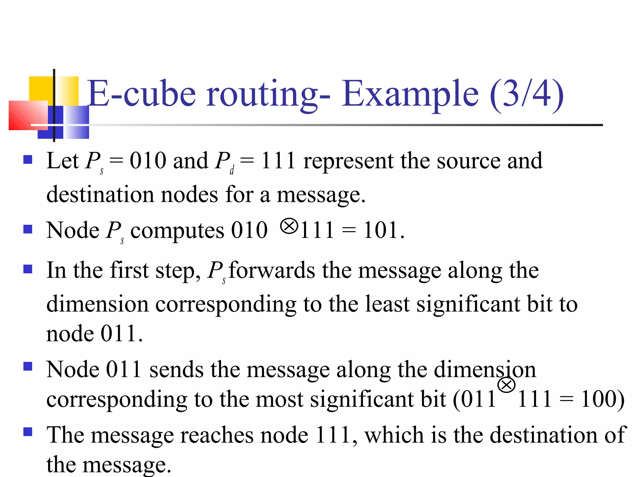 E-cube routing- Example (3/4)
 Let Ps = 010 and Pd = 111 represent the source and
destination nodes for a message.
 Node Ps computes 010 111 = 101.
 In the first step, Psforwards the message along the
dimension corresponding to the least significant bit to
node 011.
 Node 011 sends the message along the dimension
corresponding to the most significant bit (011 111 = 100)
 The message reaches node 111, which is the destination of
the message.
⊗
⊗
 