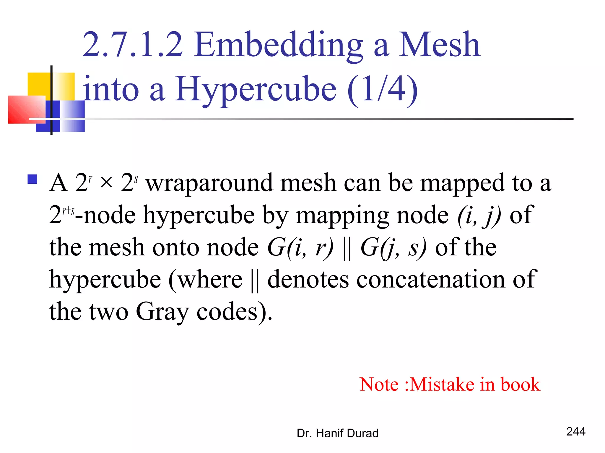 Dr. Hanif Durad 244
2.7.1.2 Embedding a Mesh
into a Hypercube (1/4)
 A 2r
× 2s
wraparound mesh can be mapped to a
2r+s
-node hypercube by mapping node (i, j) of
the mesh onto node G(i, r) || G(j, s) of the
hypercube (where || denotes concatenation of
the two Gray codes).
Note :Mistake in book
 