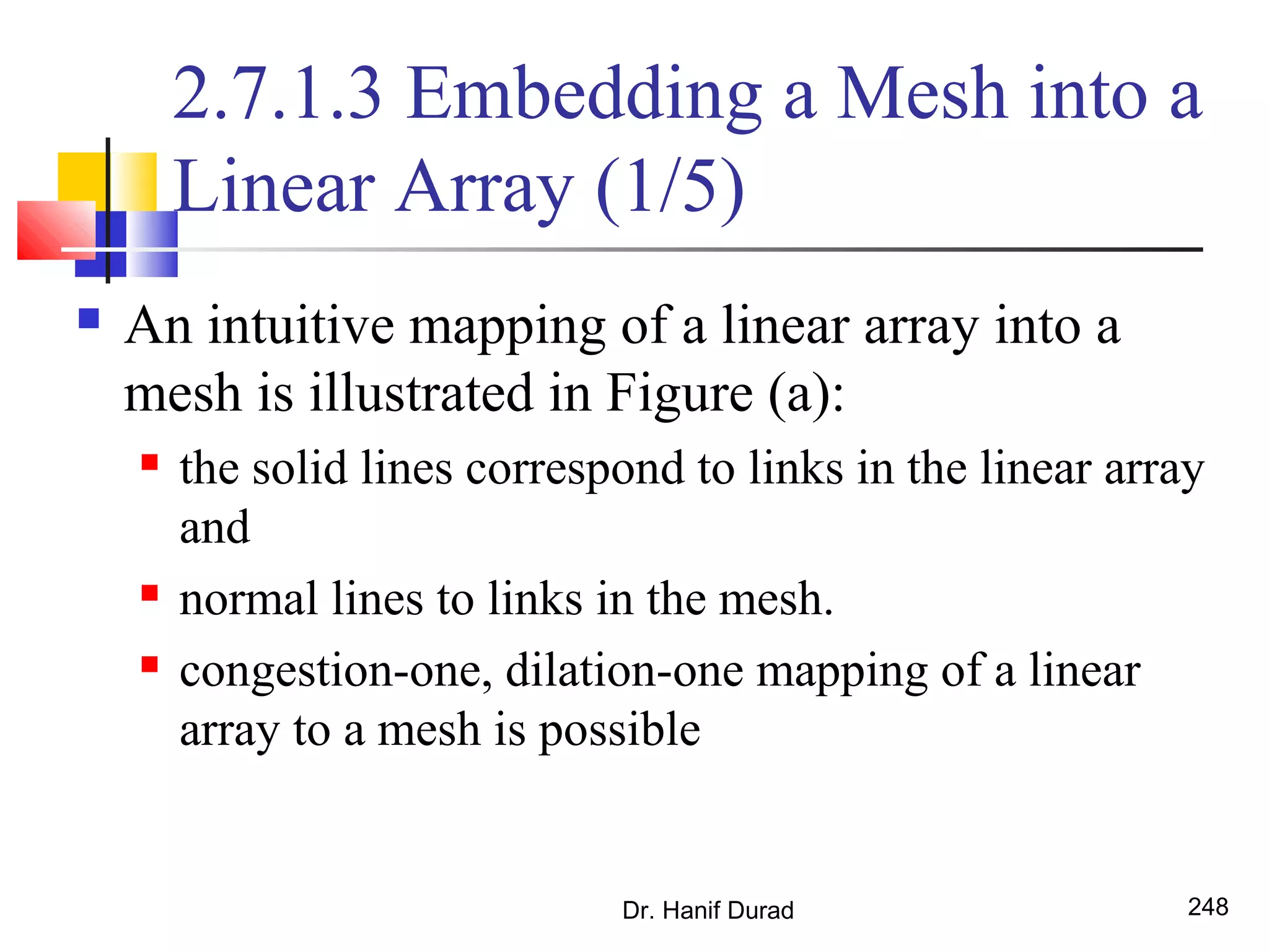 Dr. Hanif Durad 248
2.7.1.3 Embedding a Mesh into a
Linear Array (1/5)
 An intuitive mapping of a linear array into a
mesh is illustrated in Figure (a):
 the solid lines correspond to links in the linear array
and
 normal lines to links in the mesh.
 congestion-one, dilation-one mapping of a linear
array to a mesh is possible
 
