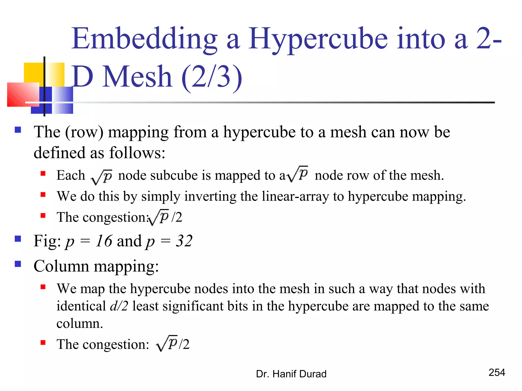 Dr. Hanif Durad 254
Embedding a Hypercube into a 2-
D Mesh (2/3)
 The (row) mapping from a hypercube to a mesh can now be
defined as follows:
 Each node subcube is mapped to a node row of the mesh.
 We do this by simply inverting the linear-array to hypercube mapping.
 The congestion: /2
 Fig: p = 16 and p = 32
 Column mapping:
 We map the hypercube nodes into the mesh in such a way that nodes with
identical d/2 least significant bits in the hypercube are mapped to the same
column.
 The congestion: /2
 