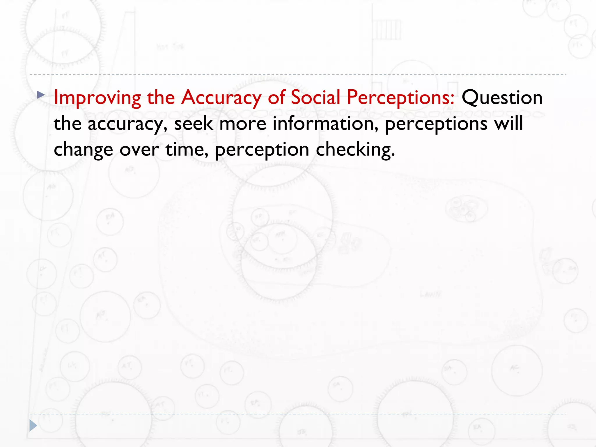    Improving the Accuracy of Social Perceptions: Question
    the accuracy, seek more information, perceptions will
    change over time, perception checking.
 