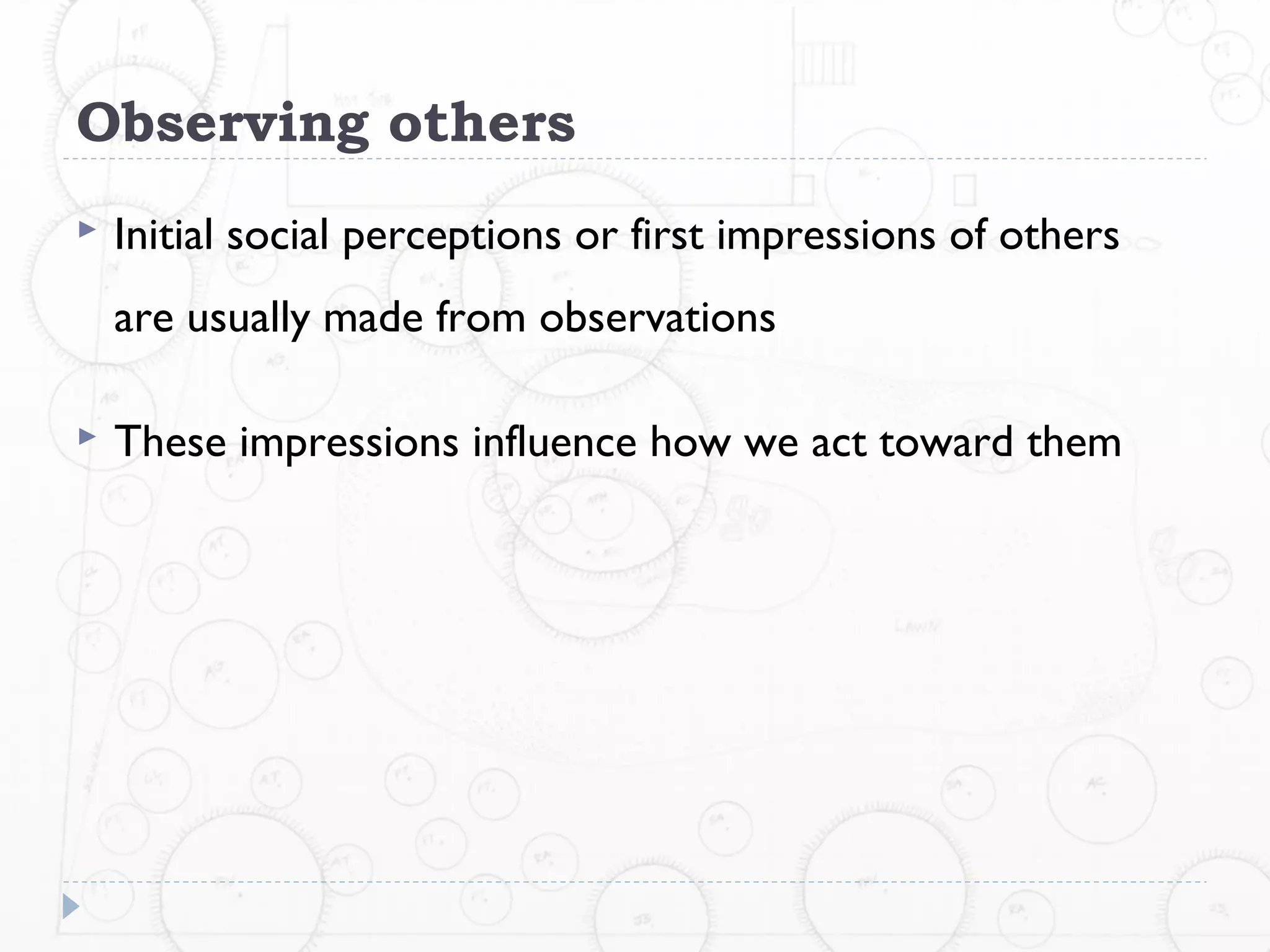 Observing others
   Initial social perceptions or first impressions of others
    are usually made from observations

   These impressions influence how we act toward them
 