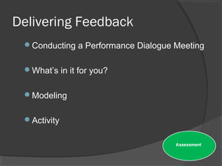 Delivering Feedback
Conducting a Performance Dialogue Meeting
What’s in it for you?
Modeling
Activity
 